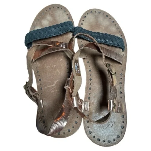 UGG Brown Black And Rose Gold Leather Sandals Size 5 - Picture 2 of 5